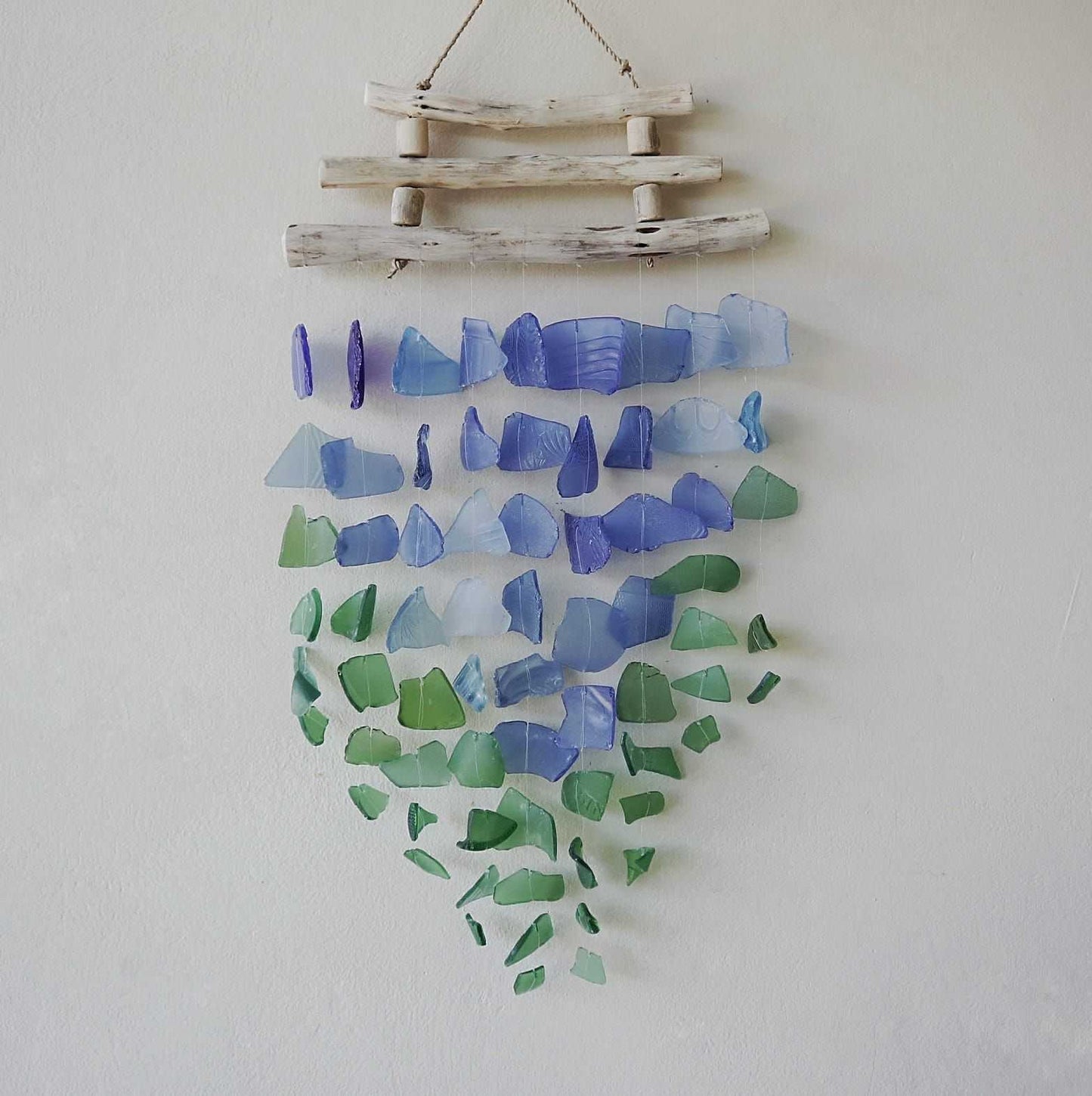 Recycled Glass Wind Chime Blue & Green on a white background