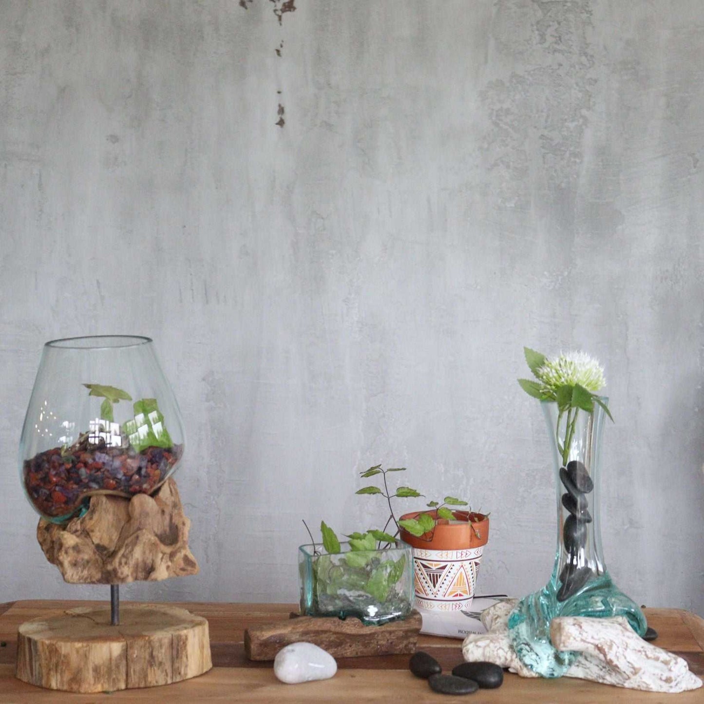 Molten Glass on Wood - Vase and bowls in a natural setting
