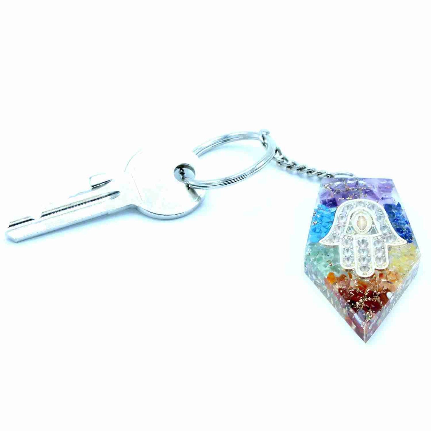 Orgonite Power Keyring - Gemstone Chakra Hamsa with key on a white background