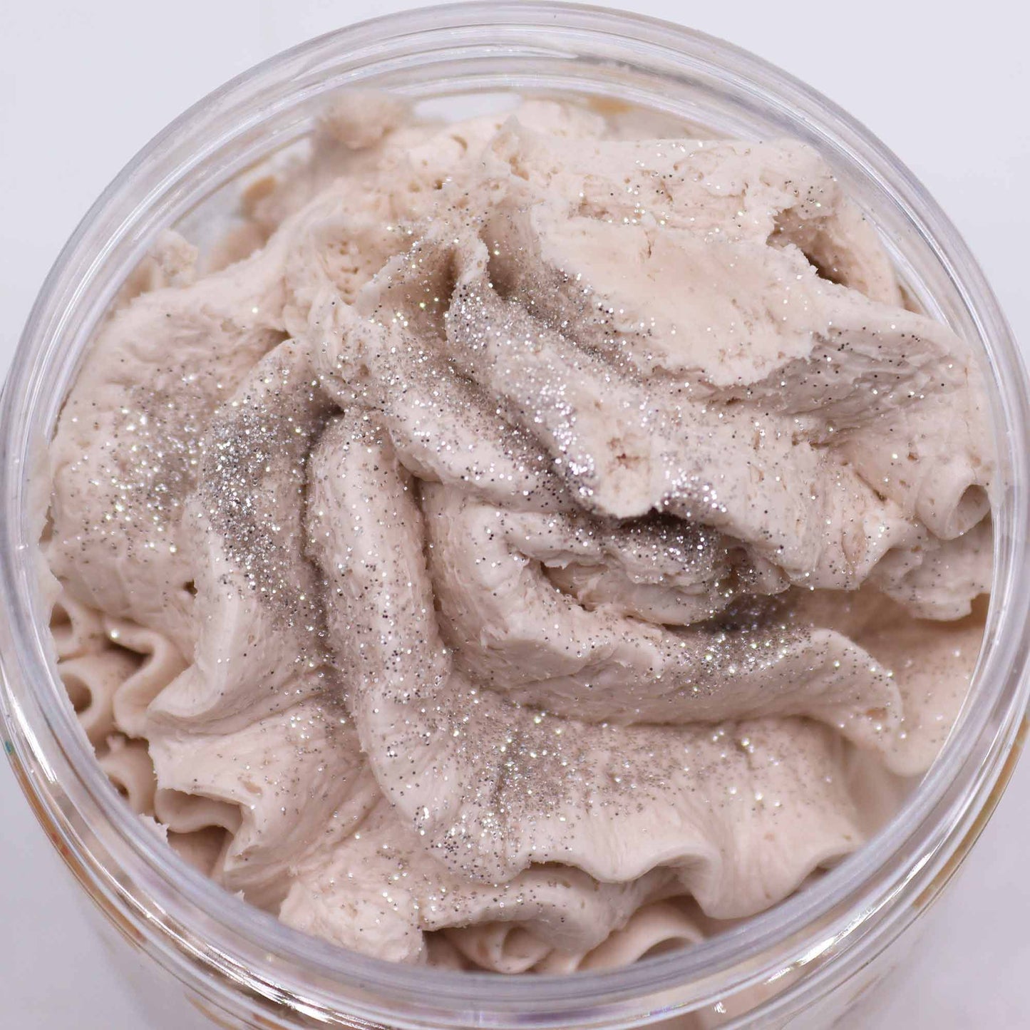 Warm Gingerbread Whipped Soap 120g clear tub. Lid of view.
