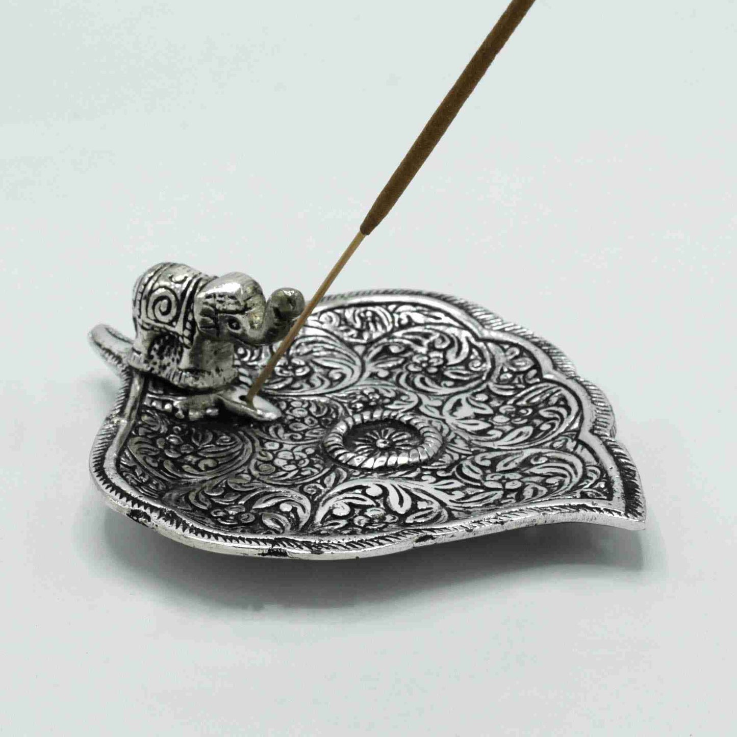 Polished Aluminium Elephant Leaf Incense Holder with a single incense stick