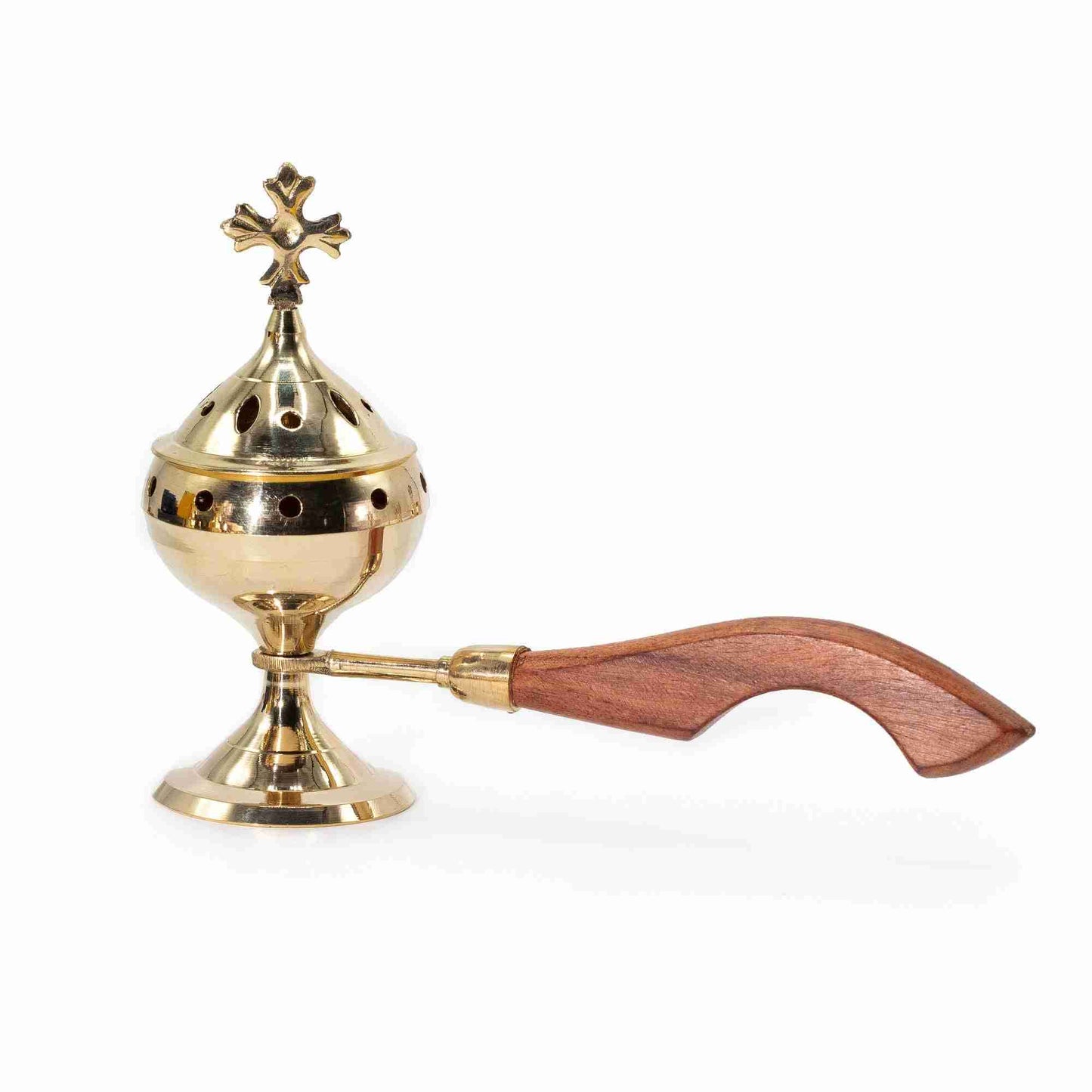 Censer Incense Burner with Wooden Handle - Cross on a white background