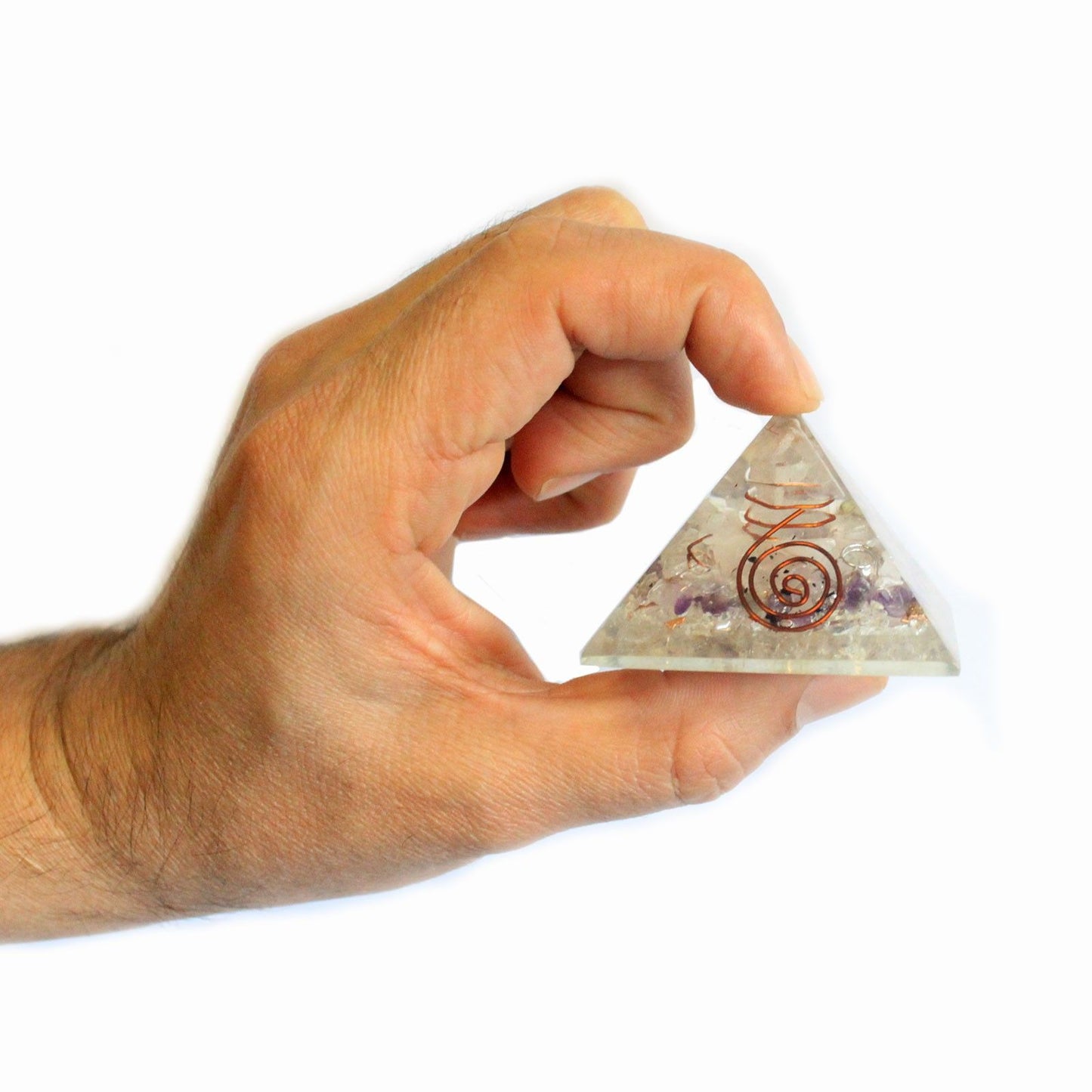 Medium Orgonite Pyramid 55mm Gemchips and Copper held between finger and thumb