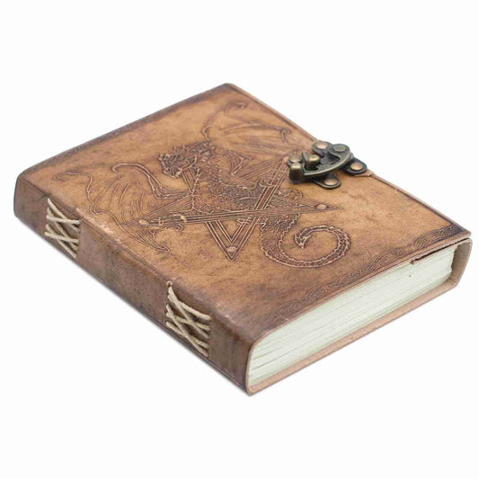 Brown leather notebook with dragon design and latch on a white background