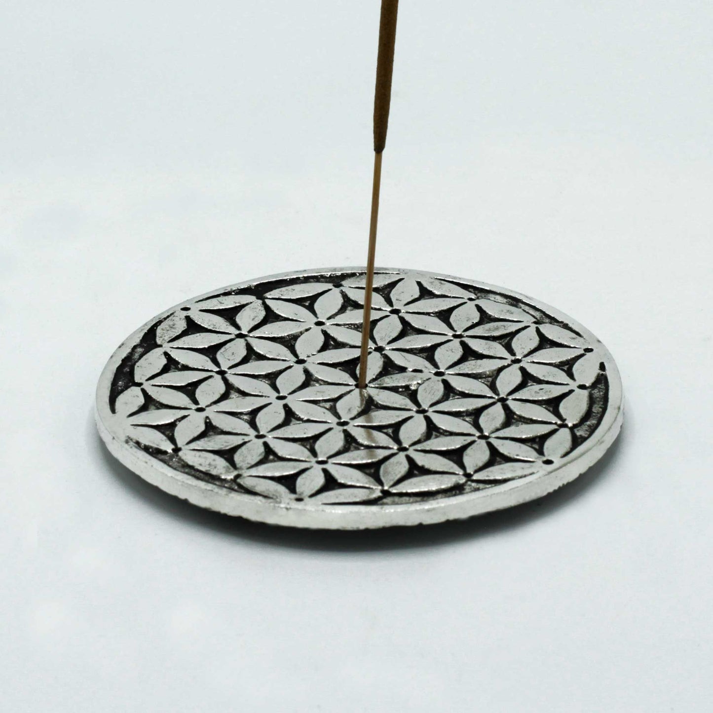 Polished Aluminium Flower of Life Incense Holder with a single incense stick