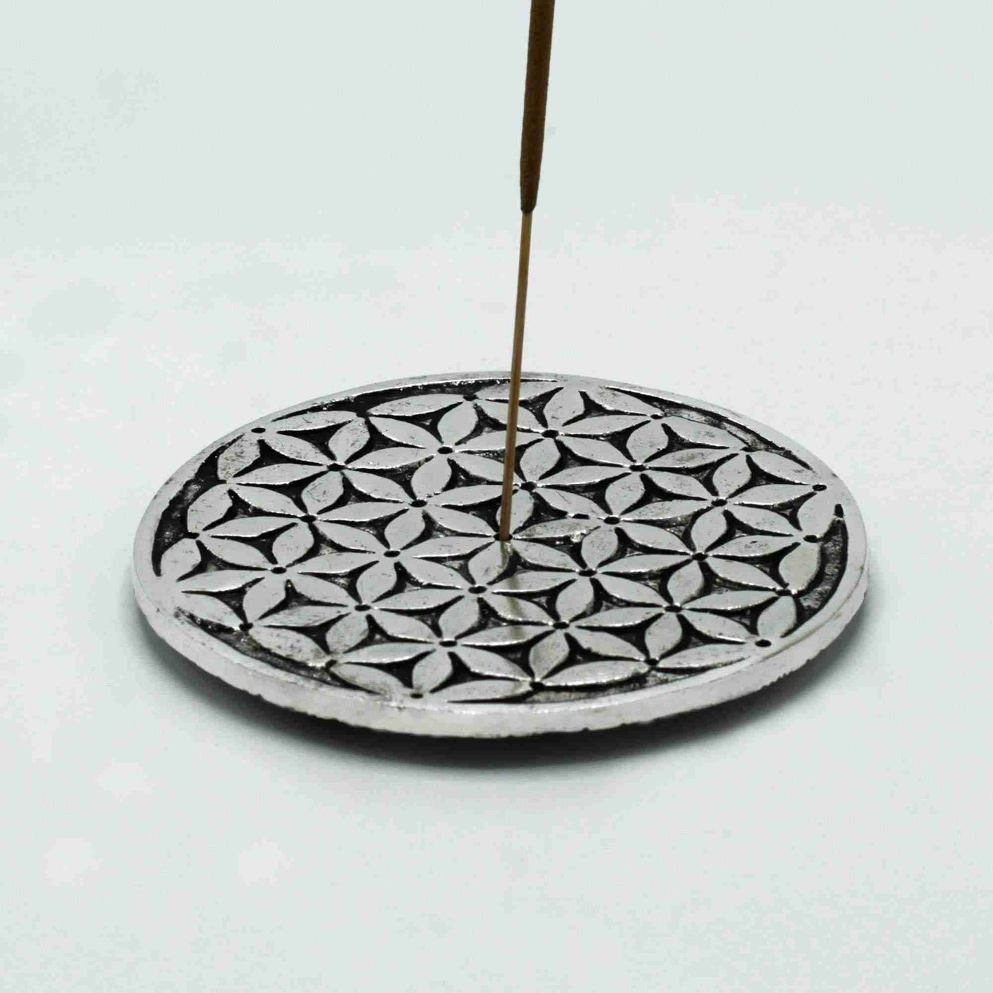 Polished Aluminium Flower of Life Incense Holder with a single incense stick