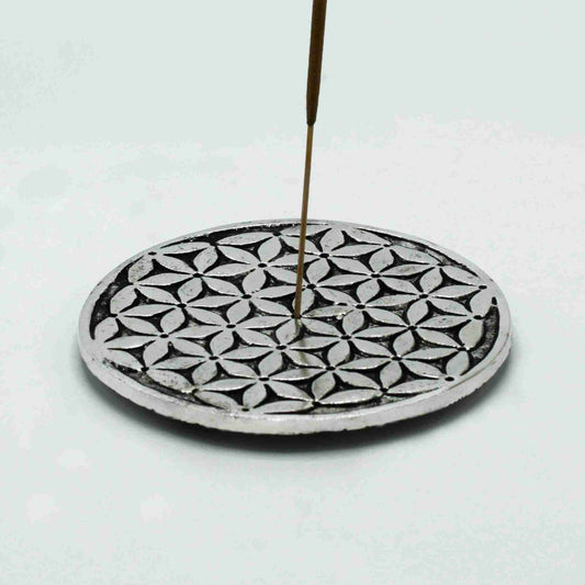 Polished Aluminium Flower of Life Incense Holder with a single incense stick