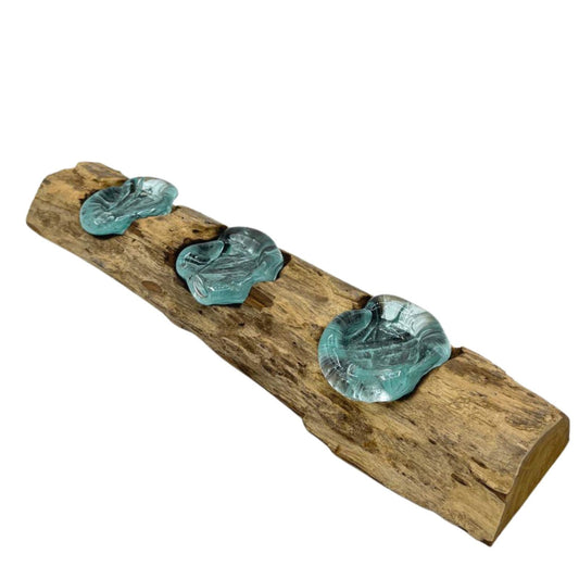 Gamal wooden tray with three turquoise molten glass candle holders on a white background