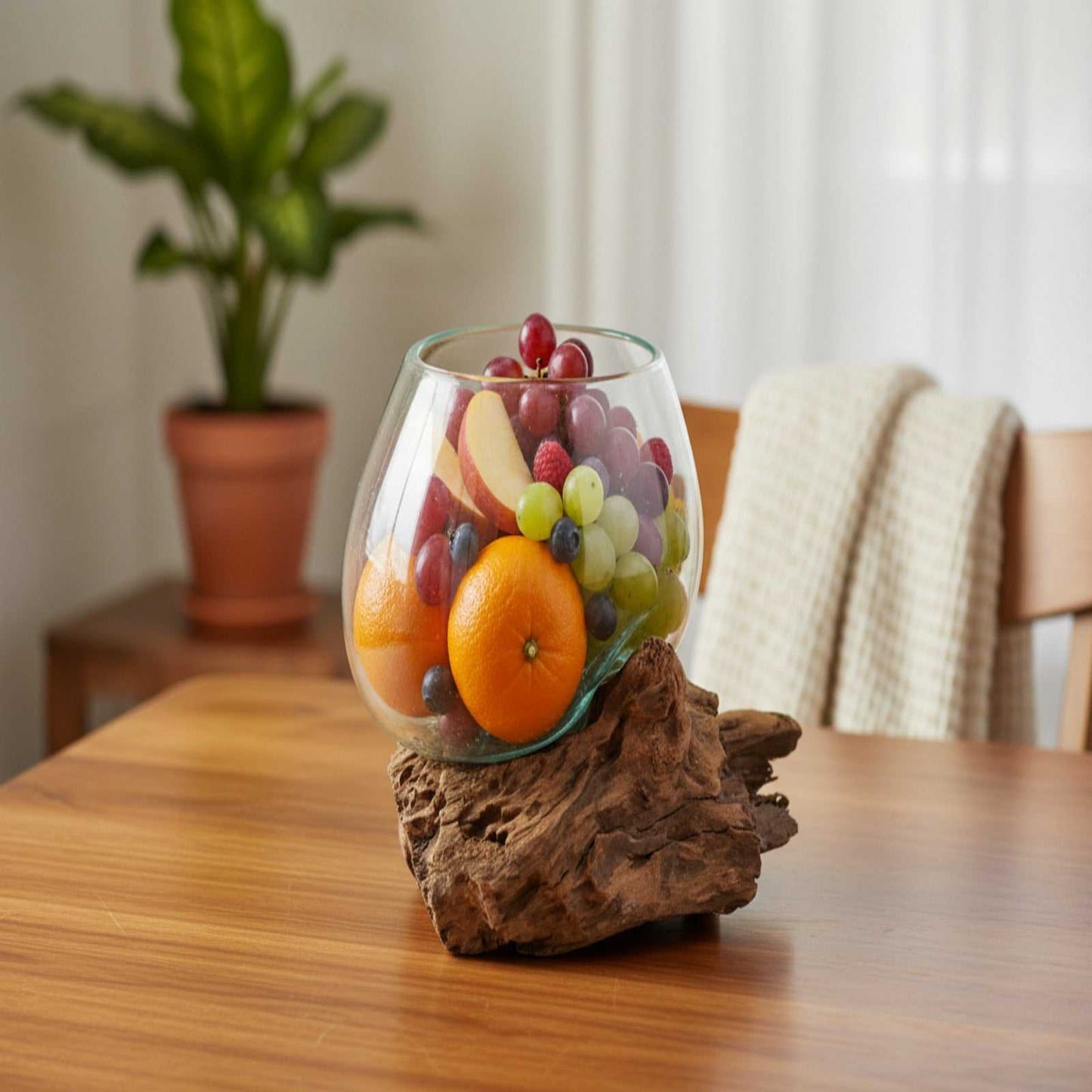 Molten Glass on Wood - Medium Bowl full of fruit on a natural home setting