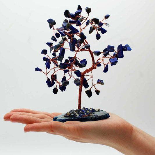 Large Gemstone Tree - Sodalite on Blue Agate Base on a flat hand