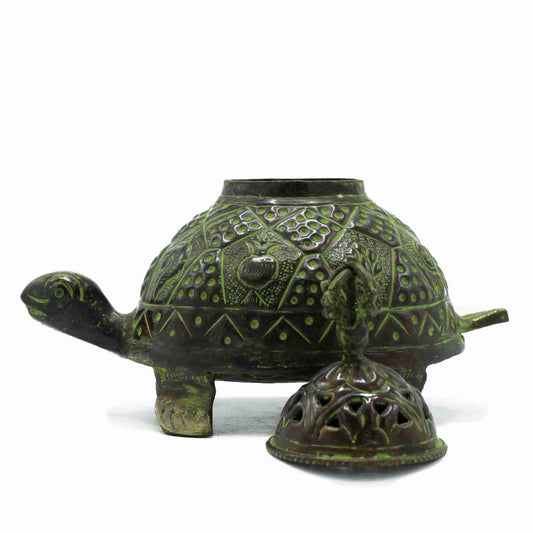 Large Brass Verdigris Tibetan Turtle Incense Holder with lid removed