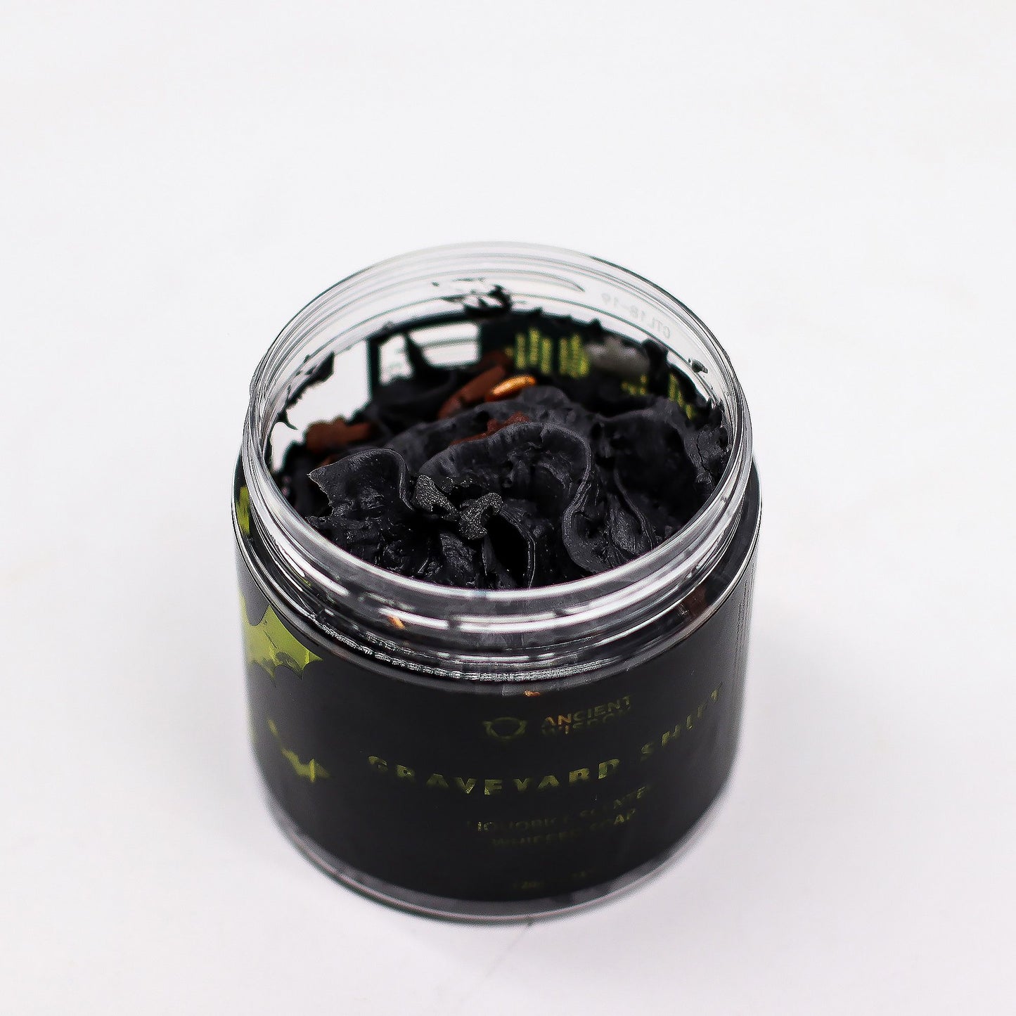 Graveyard Shift Whipped Soap 120g Jar open lid top view.