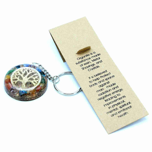 Orgonite Power Keyring - Gemstones Chakra Tree of Life and information card on a white background