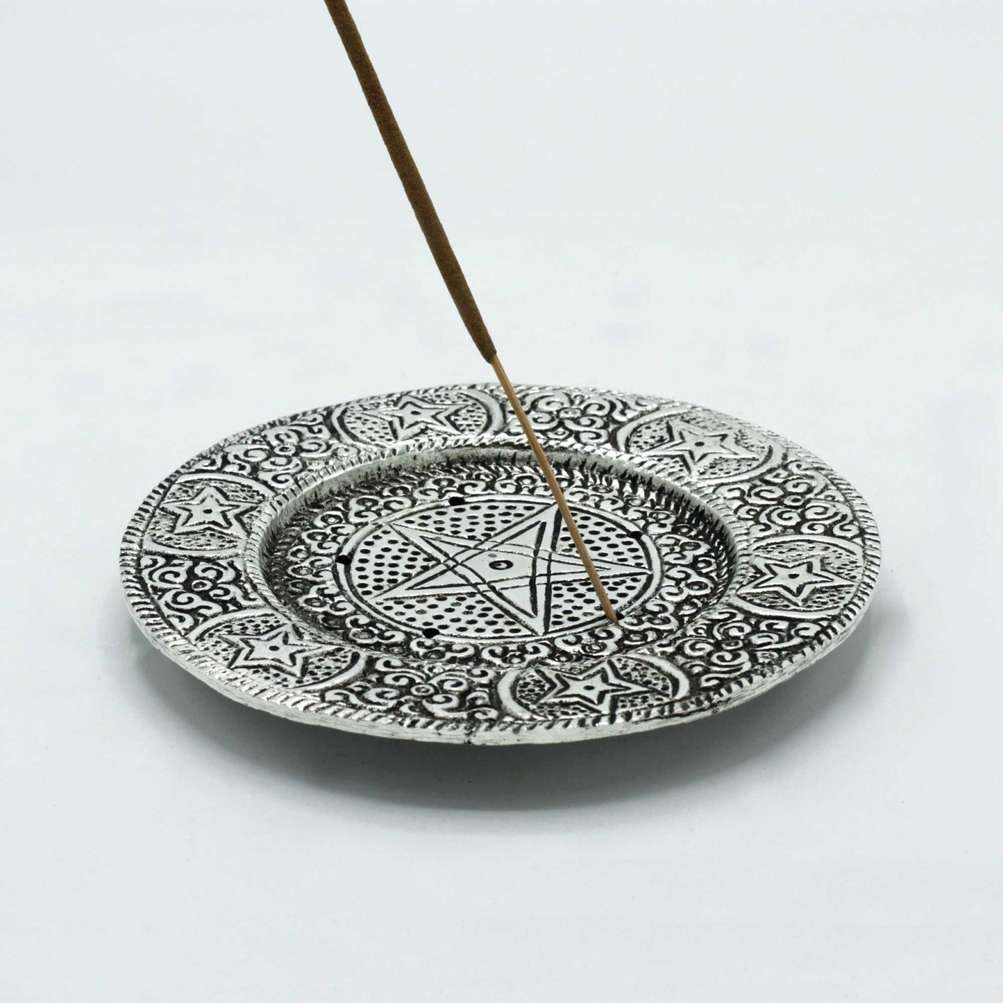 Polished Aluminium Pentagram Incense Holder with a single incense stick