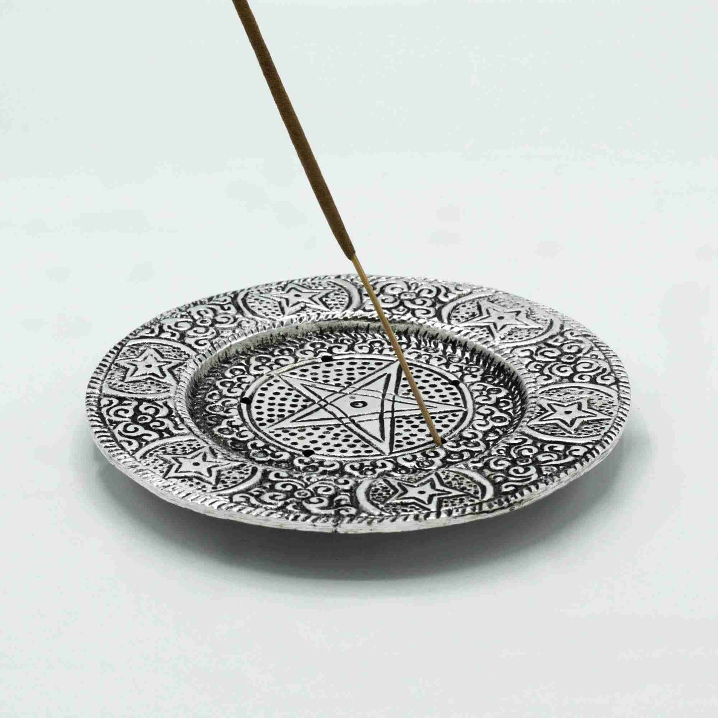 Polished Aluminium Pentagram Incense Holder with a single incense stick