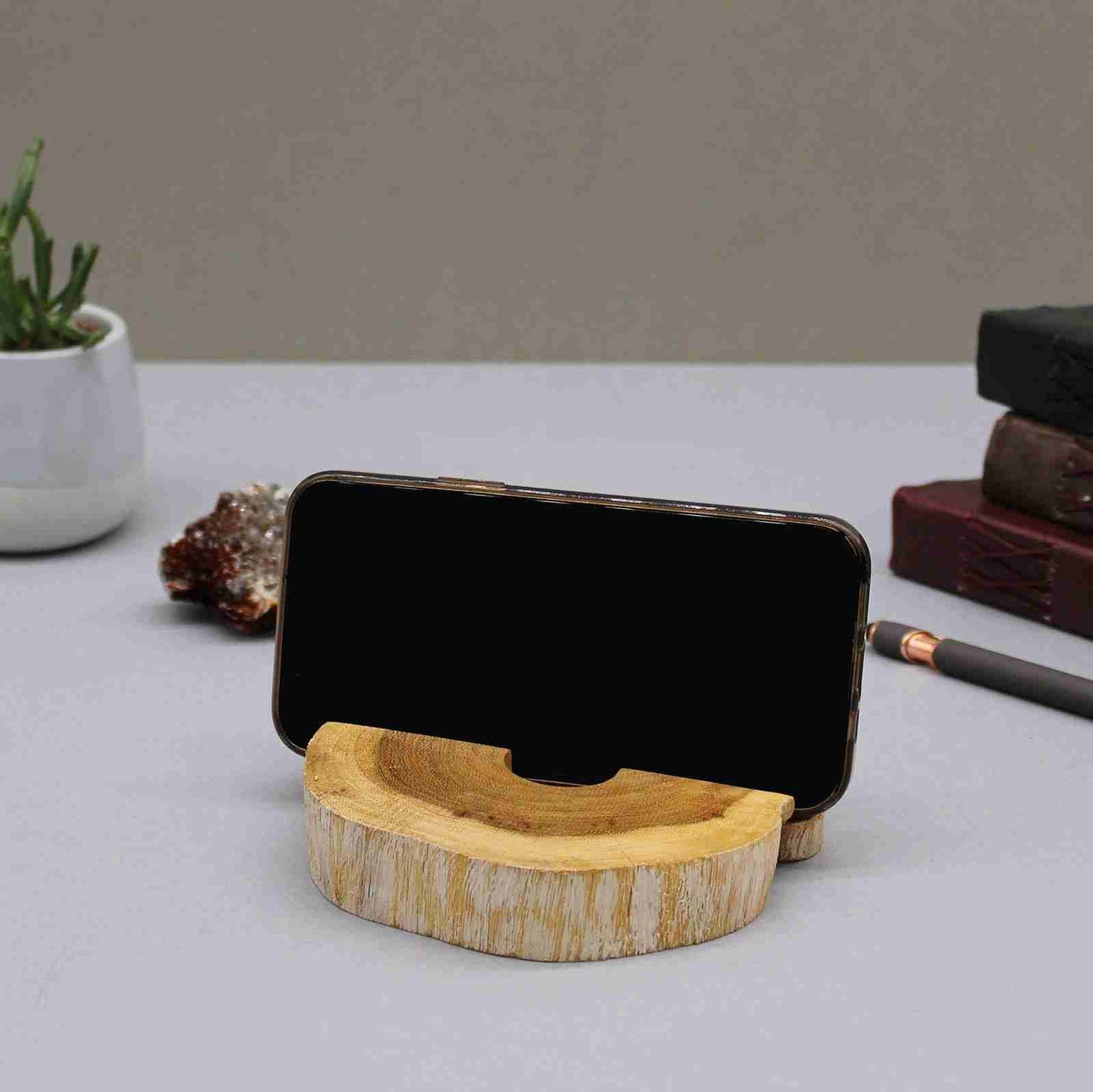 Large Gamal Wood Phone Holder - Whitewash holding phone in a lying down position