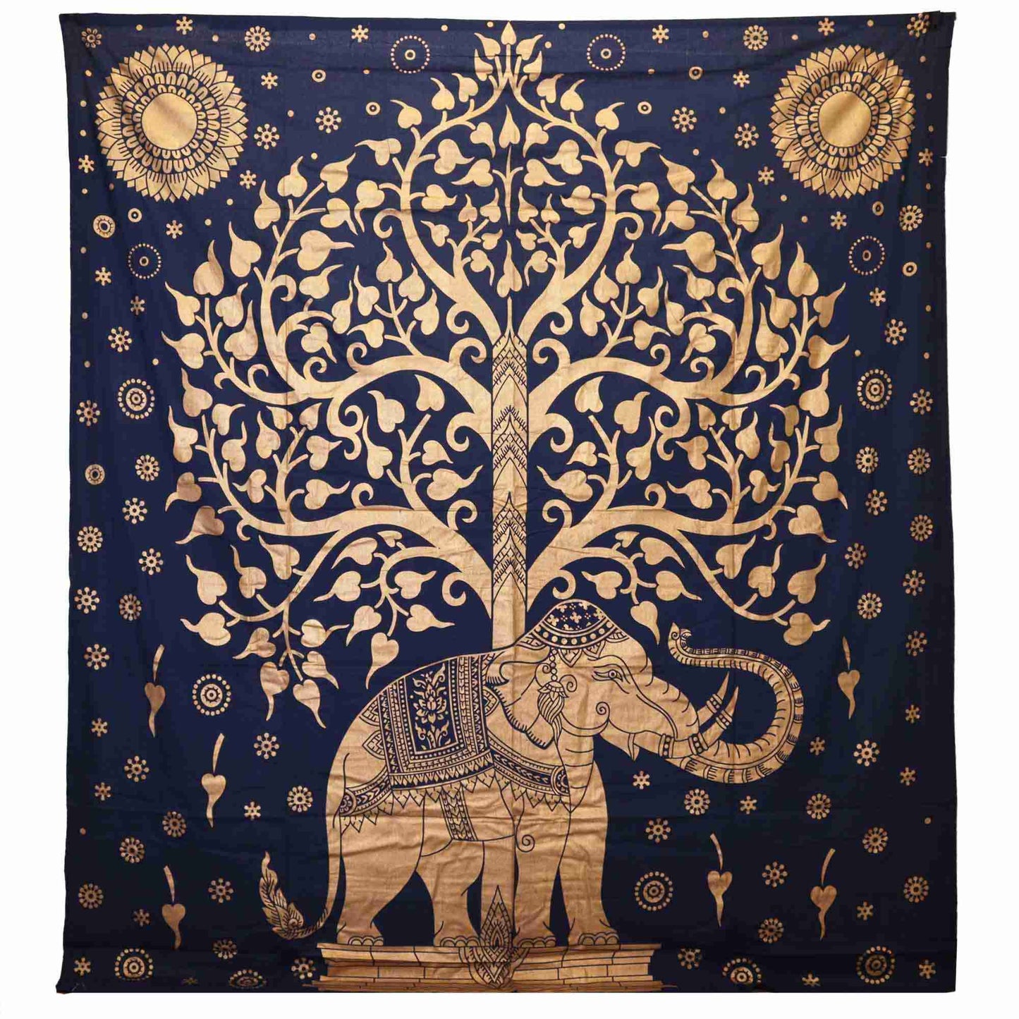 Double Cotton Bedspread / Wall Hanging - Elephant & Tree - Blue Gol