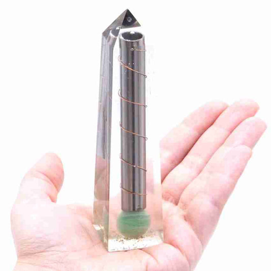 Orgonite Obelisk Power Point Green Aventurine held in a hand