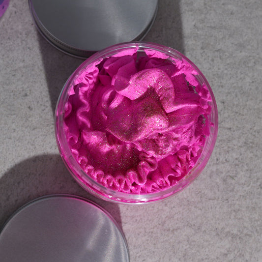 Pink Charlotte Whipped Cream Soap 120g with lid off to view contents.