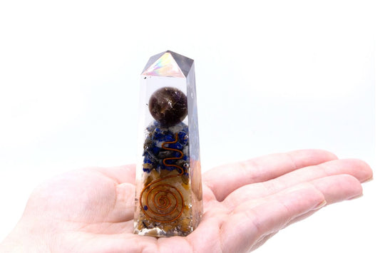 Orgonite Obelisk Power Point Copper, Lapis and Yellow Aventurine held in a hand