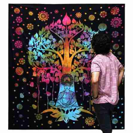 Single Cotton Bedspread / Wall Hanging - Bodhi Tree and a person standing in front of it.