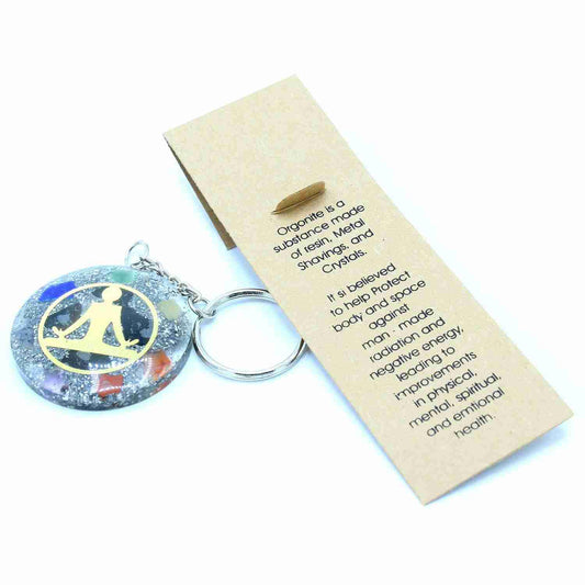 Orgonite Power Keyring - Buddha Seven Chakra and information card on a white background