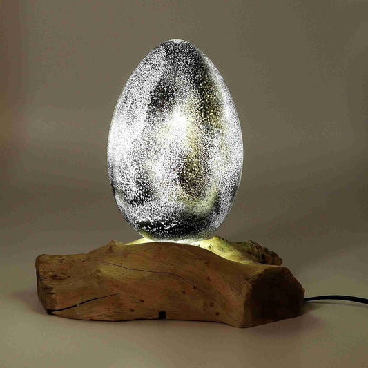 DriftGlow Lamp Crackle Lava Egg Shade - Grey with light turned on