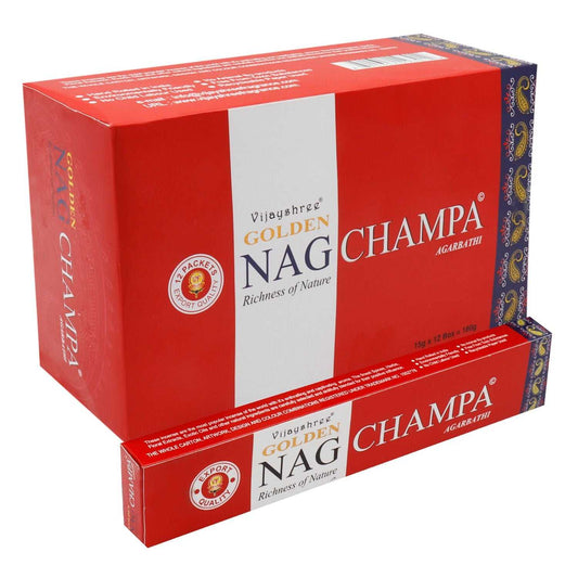 Red box of Golden Nag Champa incense with white label
