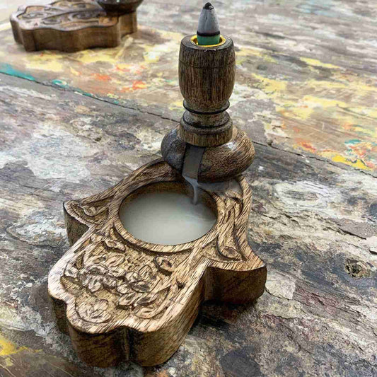Small Mango Wood Backflow Burner - Hamsa, working image showing smoke