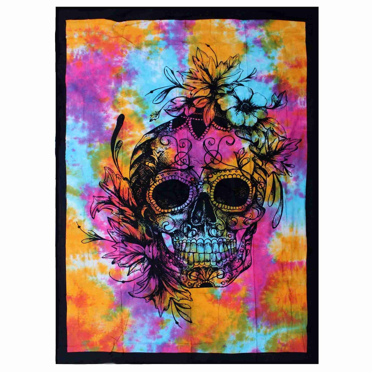Single Cotton Bedspread + Wall Hanging - Day of Dead Skull on a white background