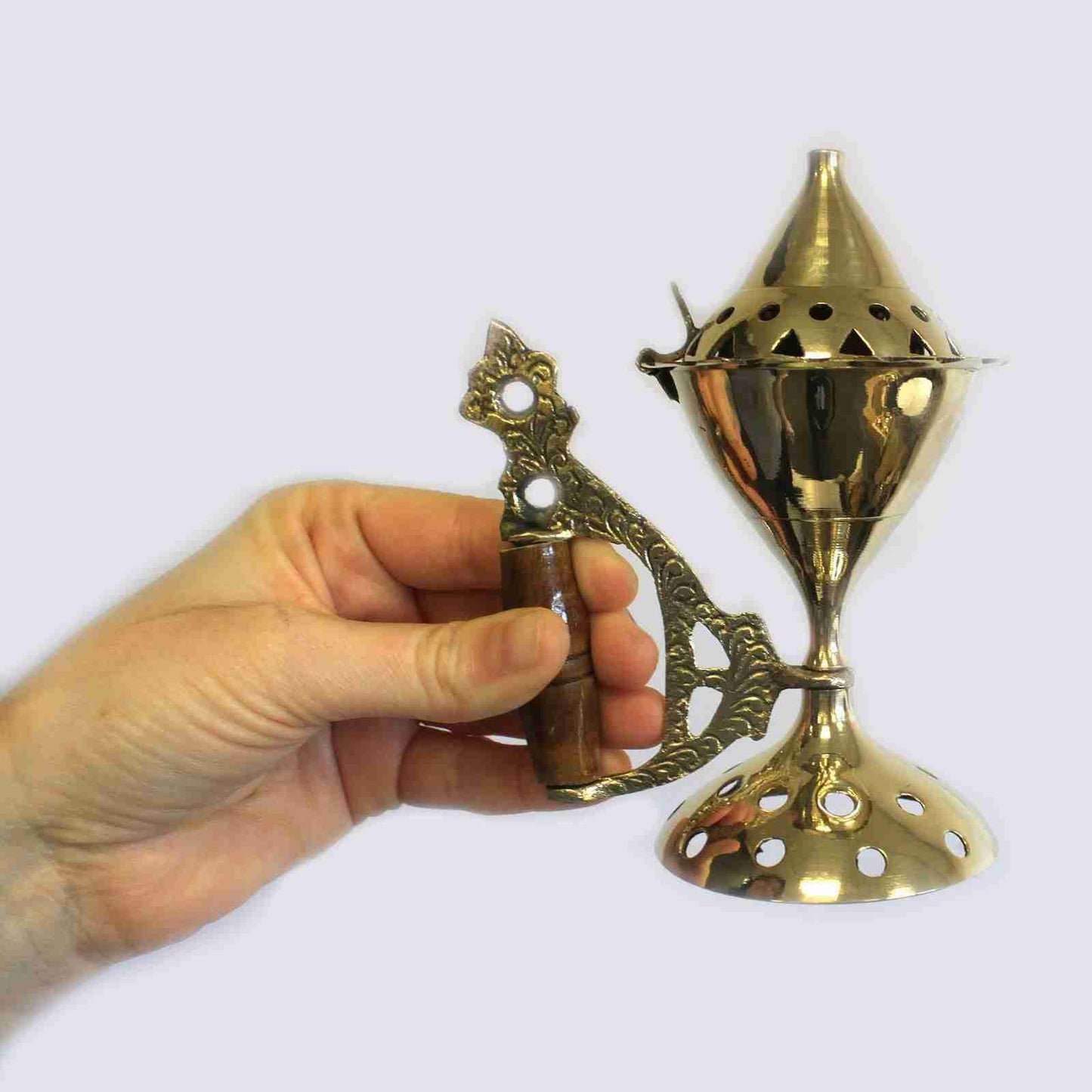 Large Cone Burner with Handle - Brass Censer held in hand to show size
