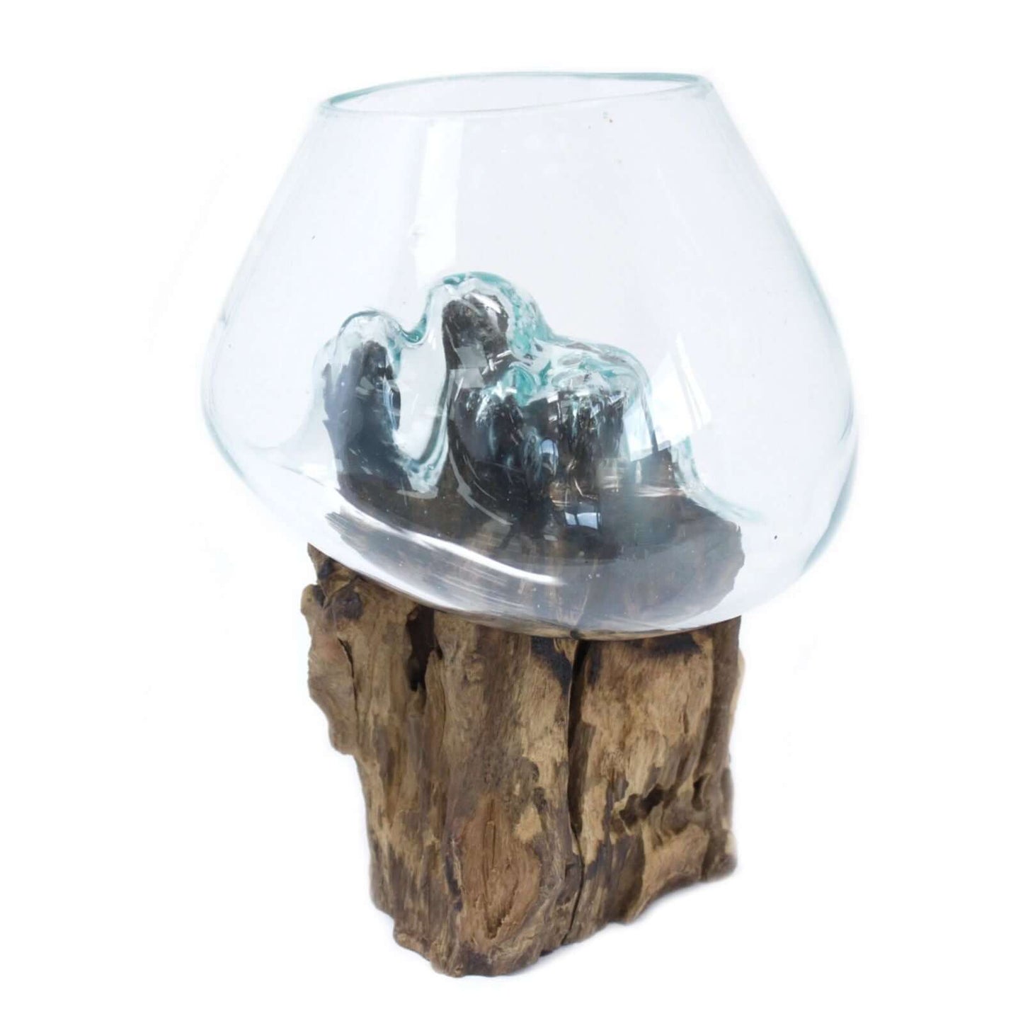 Molten glass bowl with a wooden base on a white background
