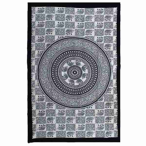 Single Cotton Bedspread + Wall Hanging - Mono - Elephant Mandala on a white background