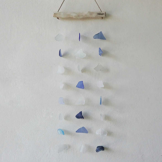 Three Drop Wind Chime Blue & White - Recycled Glass on a plain background