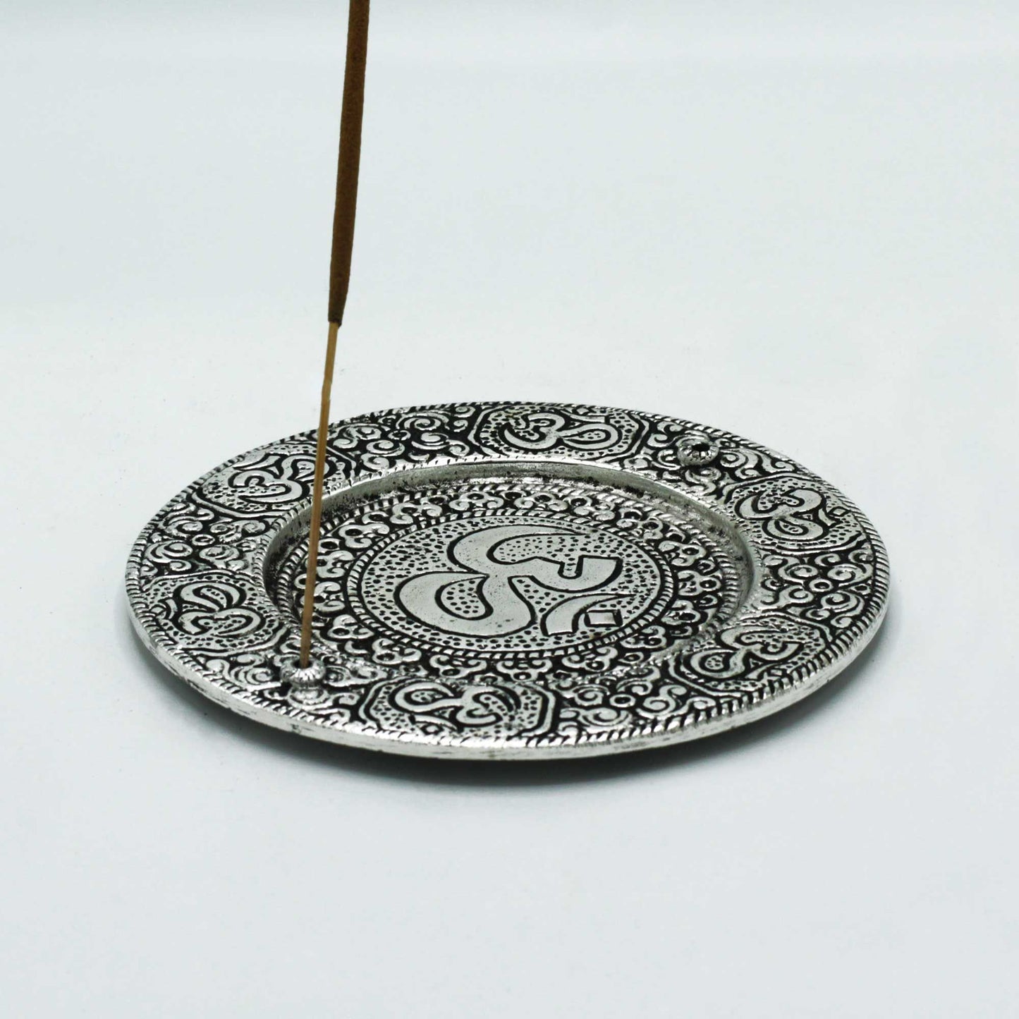 Polished Aluminium Om Round Incense Holder with a single incense stick
