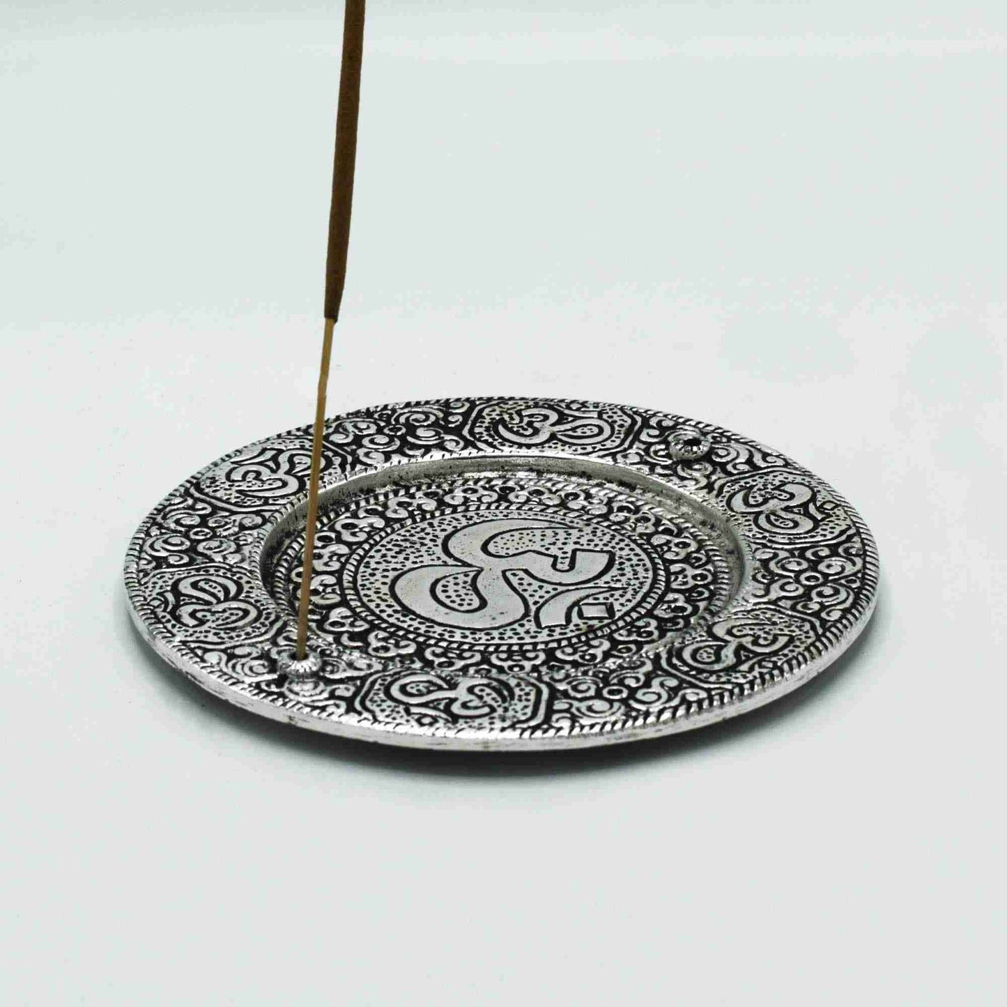 Polished Aluminium Om Round Incense Holder with a single incense stick