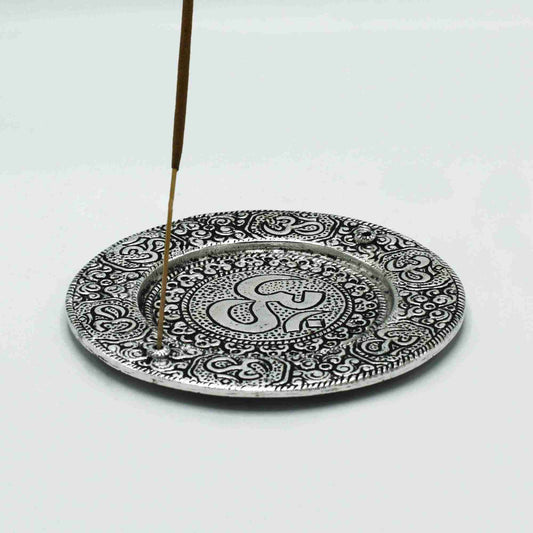 Polished Aluminium Om Round Incense Holder with a single incense stick