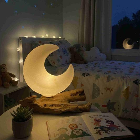 Moon-shaped lamp on a table next to a child's bed with toys and a book.