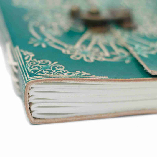 Green Leather with Lock Notebook close up of pages