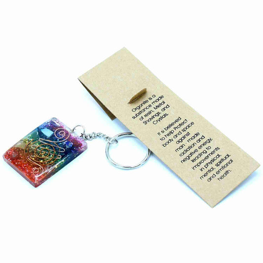 Orgonite Power Keyring - Home Protect Copper and Chakra with information card on a white bakground