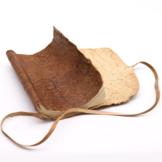 Rolled Leather Travel Notebook open view on a white background