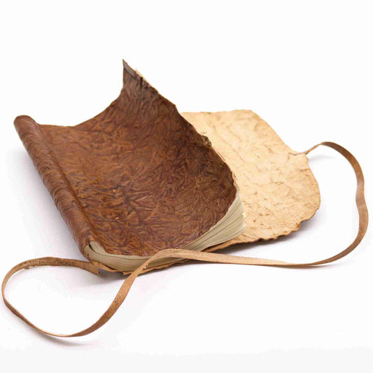 Rolled Leather Travel Notebook open view on a white background