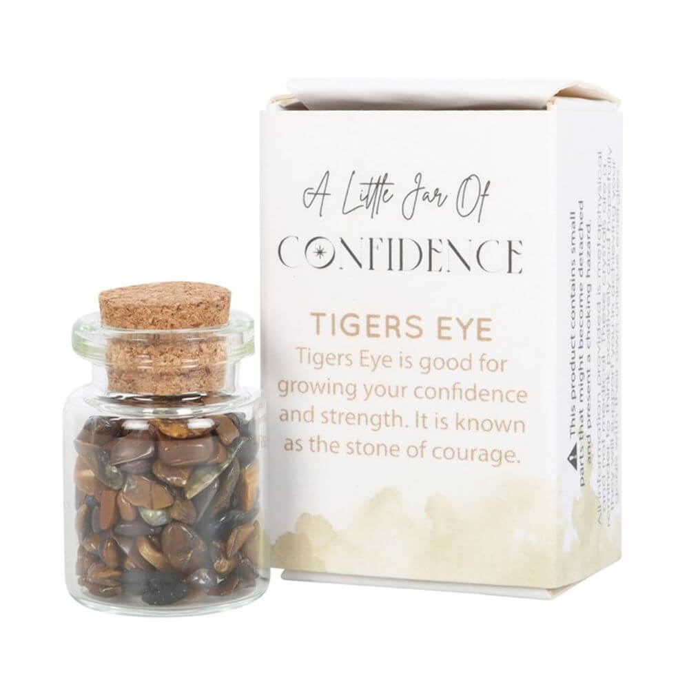 Jar of Confidence with Tiger's Eye crystal chips in a matchbox, symbolizing strength and courage. Earthy energy gift.