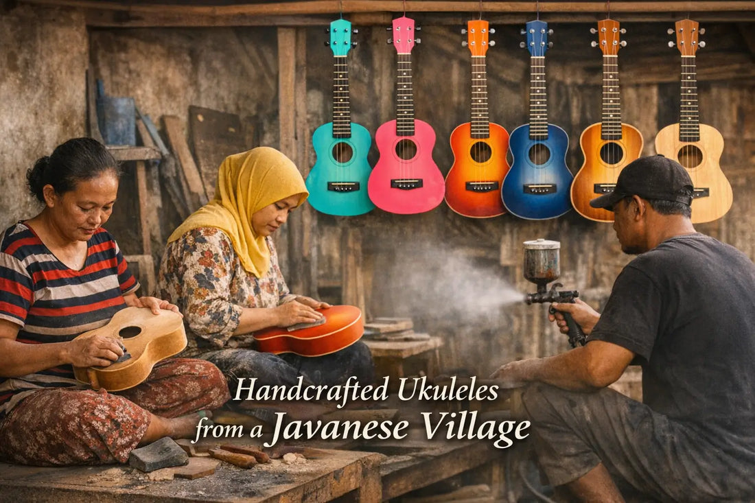 Javanese artisans sanding and spray-painting handmade ukuleles in a traditional village workshop, with six colourful finished ukuleles hanging above