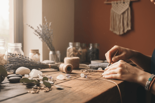 Artisan hands carefully crafting handmade gifts on wooden workbench surrounded by natural materials including gemstones, leather and dried flowers