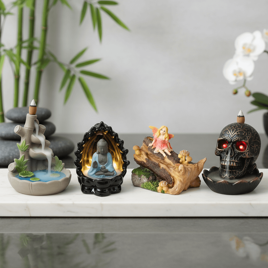 Four Backflow Incense Burners on a shelf