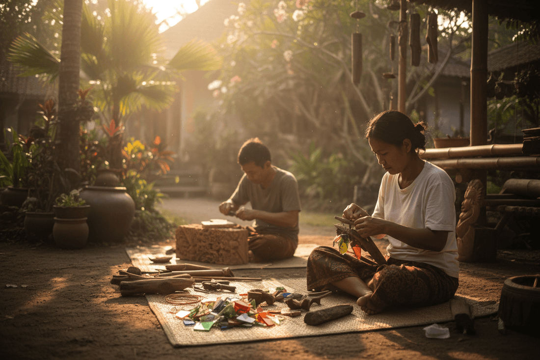 Balinese artisans crafting recycled glass wind chimes and wood carvings outdoors in traditional village workshop