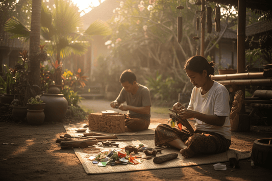 Balinese artisans crafting recycled glass wind chimes and wood carvings outdoors in traditional village workshop