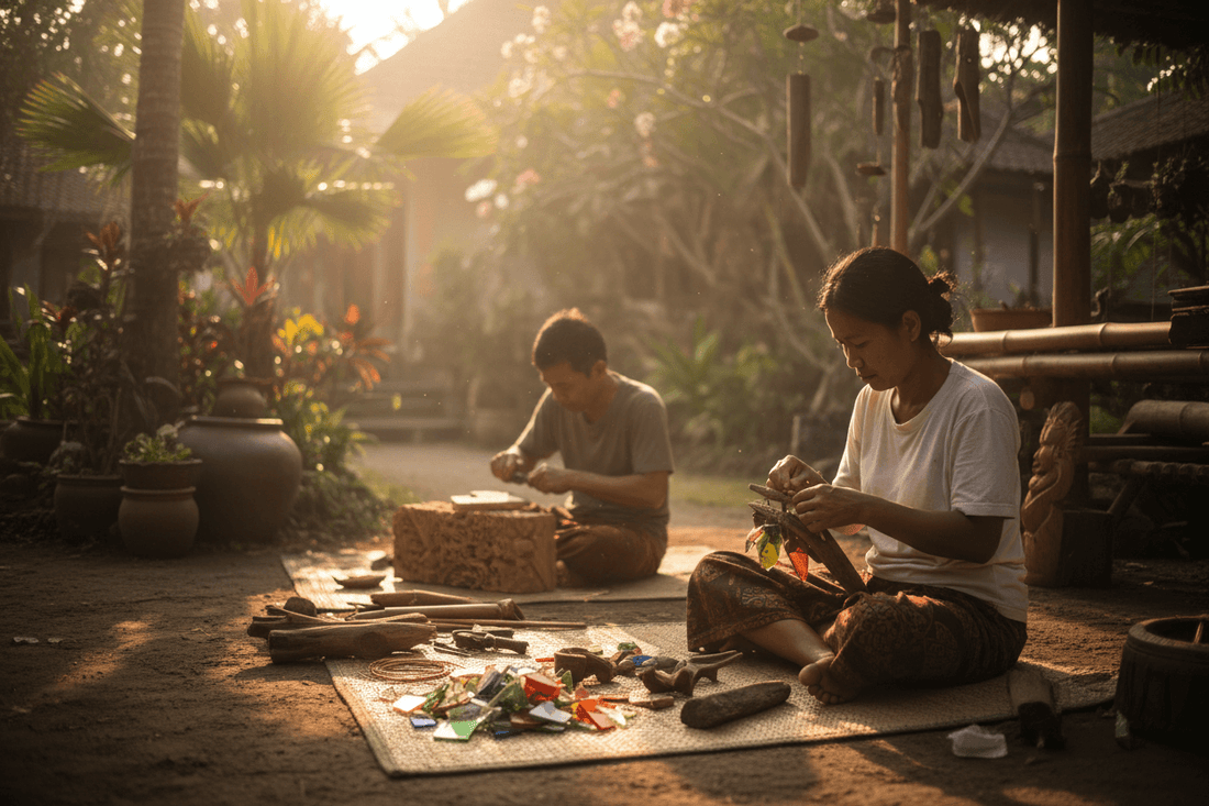 Balinese artisans crafting recycled glass wind chimes and wood carvings outdoors in traditional village workshop