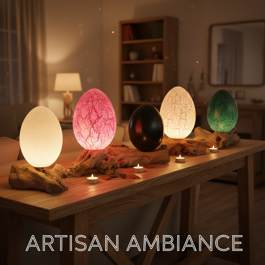 Handcrafted DriftGlow Lamps with natural Indonesian driftwood bases and colourful fibreglass shades creating warm atmospheric lighting